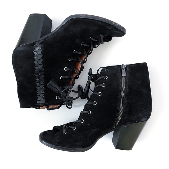 Frye Danica Black Suede Lace Up Ankle Boots Open Toe - Picture 6 of 9